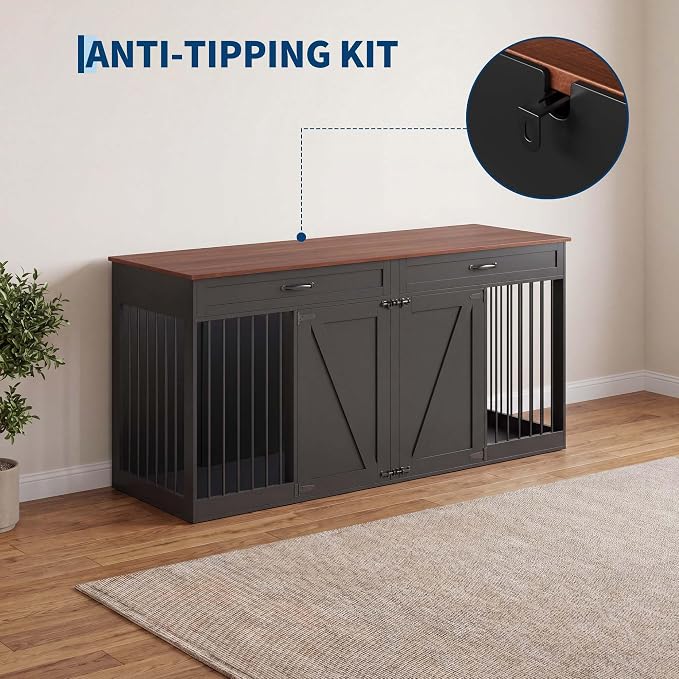 71'' Double Dog Crate Furniture for 2 Dogs, Dog Crate with 2 Drawer | Farmhouse Dog Crate TV Stand with Removable Divider Dog Kennel Furniture, Heavy Duty Dog Cage and TV Stand for Large Mediu