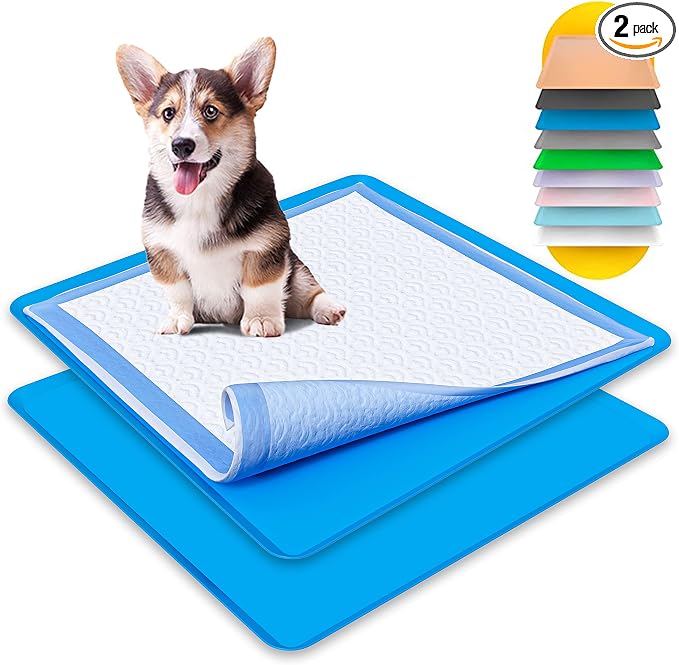Dog Pee Pad Holder - Fits Up to 24” x 24” Pee Pad - 2 Pack - Dark Blue | Stable Grip, Raised Edges, Quick-Wipe Silicone Surface Dog Potty Tray Holder for Indoor Flooring Protection