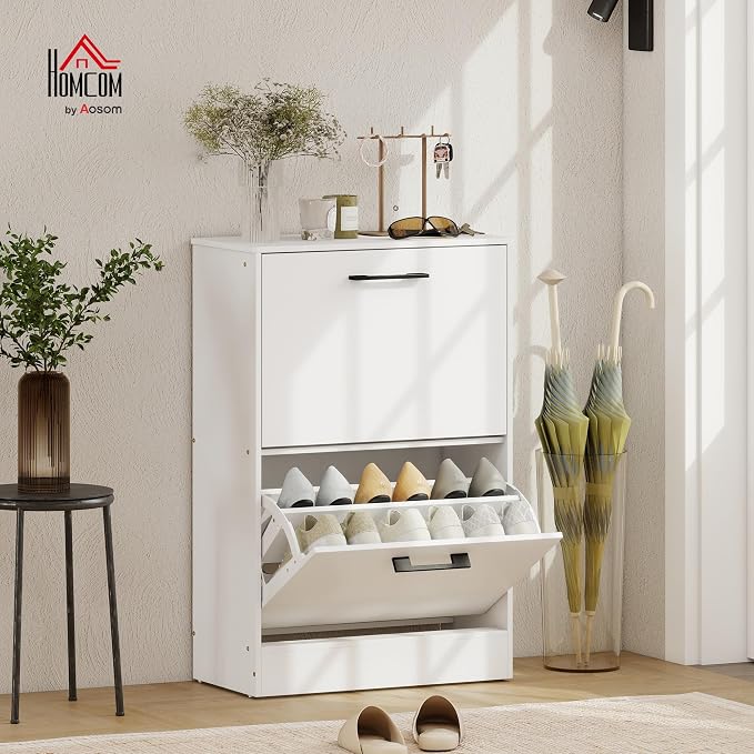HOMCOM Shoe Cabinet with 2 Flip Drawers, up to 12 Pairs, White | Narrow Storage Cabinet, Adjustable Dividers, Entryway Shoe Storage Unit, for Hallway