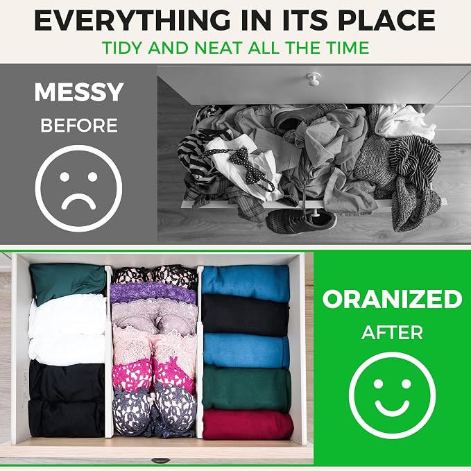 4 Pack Bamboo Drawer Dividers Organizer with Inserts 2.6'' High | Expandable from 12.5-21.7", Adjustable Drawer Organizer Separators for Utensils, Clothing, Office, Dresser, Bedroom, (White)