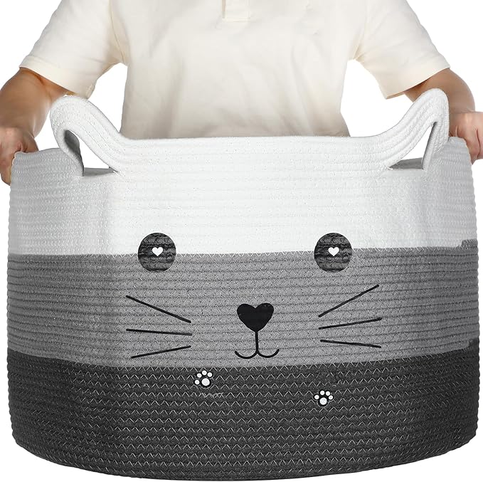 Zopeal Cat Woven Gift Basket Storage,21.7 x 13.8 Inch,Dark Gradient | Cute Cotton Rope Organizer with Handles for Toy Box, Nursery Decor, Decorative Bin, Pet Supplies Holder, Desk Storage