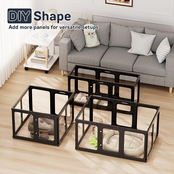 Jalove 24" H Acrylic Dog Playpen Indoor,Relieves Pet Anxiety | Ideal for Small Dogs, 8 PCS Plastic Puppy Playpen with Door, Clear PlayPen for Dog Rabbit, Easy Assemble Pen, Black