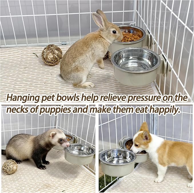 kathson Lightweight Stainless Steel Pet Bowls, Removable Crate Dog Bowl Hanging Pet Food Water Feeder Bowl, Cage Coop Cup for Puppy Cat Rabbit Ferret Birds Guinea Pigs (2pcs)