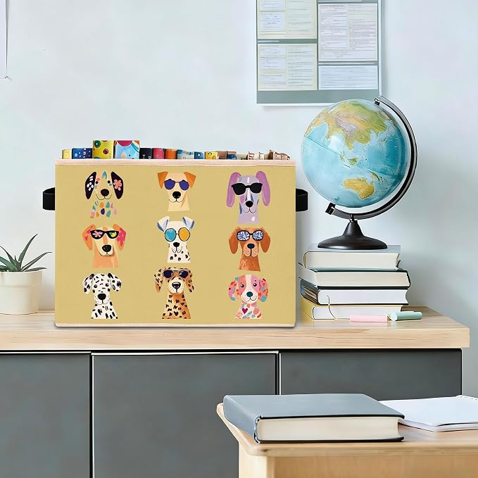 Dog Storage Bin, Puppy Sunglasses Yellow Green Stripe Fabric Basket | Foldable collapsible fabric organizer for nursery, playroom, toys, books, clothes