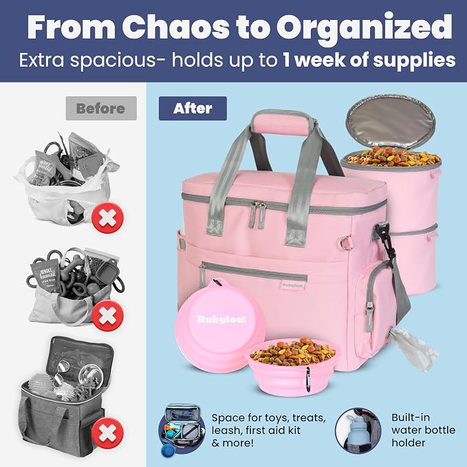 Original Doggy Bag™ Dog Travel Bag for Supplies with Travel Bowls | 2 BPA-Free Collapsible Bowls, 2 Pet Food Containers, TSA-Ready, Road Trips, Camping, Weekend Getaways, Doggy Gift, Lt. Pink