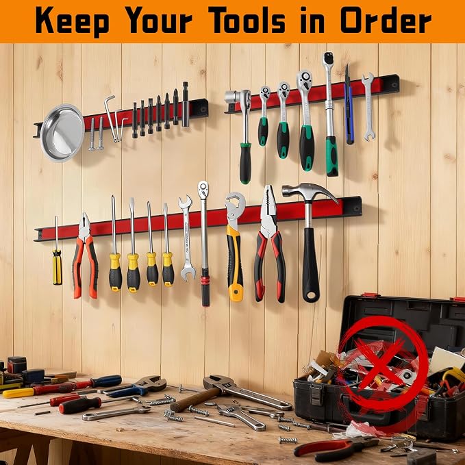 24" Magnetic Tool Holder Strip, 4 Pieces Red Metal Tool Organizer Rack with Stainless Steel Surface, Magnet Bar for Garage Workshop, Easy To Install with Mounting Screws
