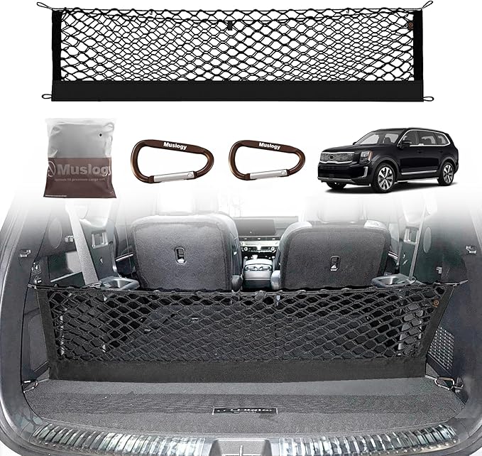 Muslogy Cargo Net for 2020-2026 2027 Kia Telluride Accessories | Custom Fit, Trunk Storage Organizer Net for SUV Sedan Van Divider, with Heavy Duty Carabiners, Night Visible Grab Handle