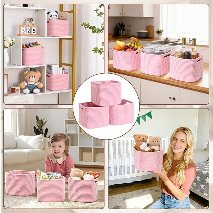3 Pack Cube Storage Bin, 9”x9”x7” Cotton Rope Woven Baskets for Organizing Toys Clothes Towels, Square Gift Storage Baskets for Shelves, Nursery, Closet, Bathroom, Pantry (Pink)