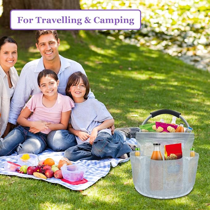 17L Portable Shower Caddy with Handle, Foldable Cleaning Supply Caddy in PVC Resin, Picnic Basket with 6 Side Pockets, Multifunctional Storage Basket for Bathroom, Picnics, Transparent
