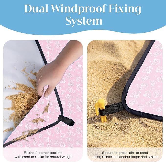OIGAE Beach Blanket Waterproof Sandproof Oversized Beach Mat | Picnic Mat with Stakes, Storage Bag - Essentials for Outdoor Beach, Picnic,Quick-Dry Lightweight,Windproof Pockets