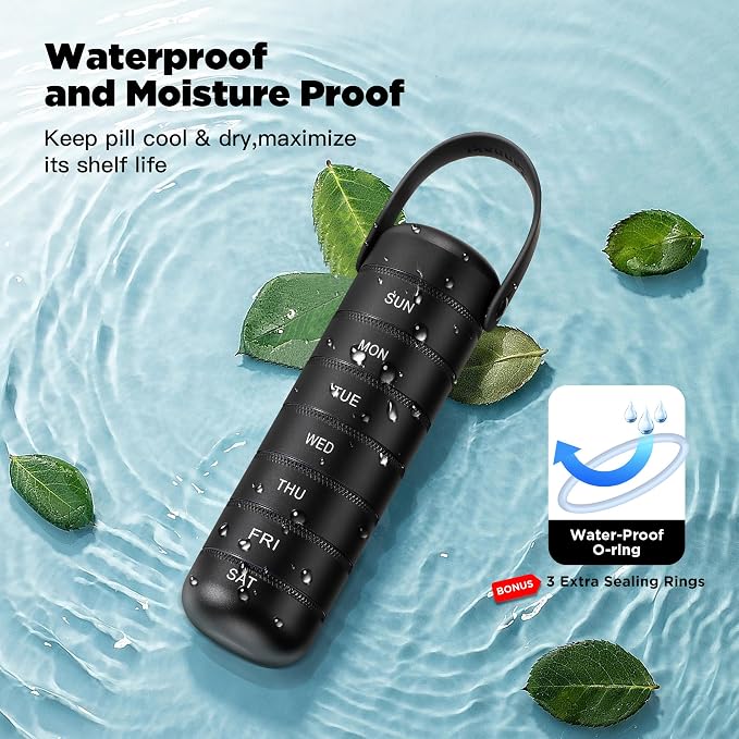 Zannaki Metal Weekly Pill Organizer, Large Travel Pill Box 7 Day, Waterproof Daily Pill Case with Silicone Handle, Aluminum Alloy Portable Pill Holder Container for Vitamin, Medicine, Supplement,Pills