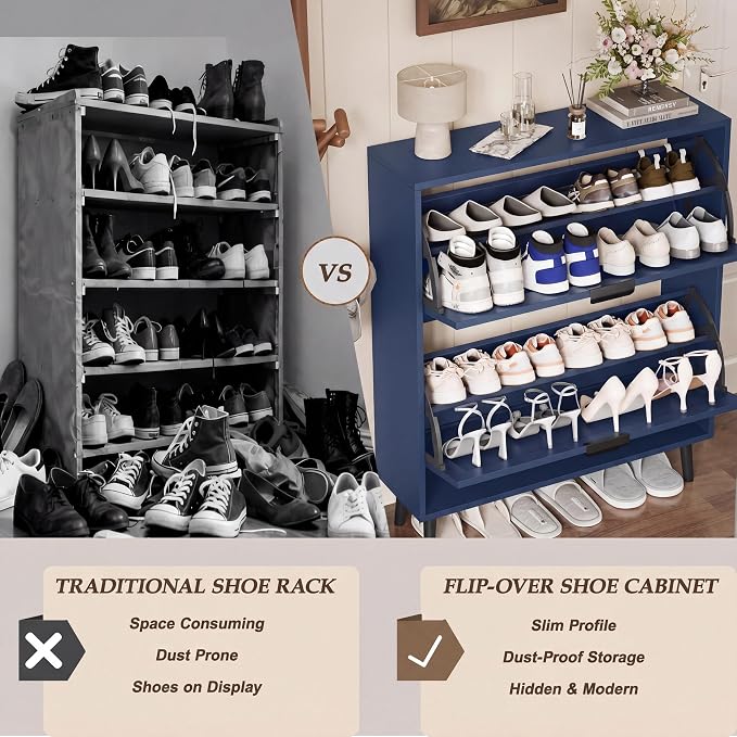 Shoe Storage Cabinet with 2 Flip Drawers, Narrow Wood Shoe Organizer Cabinet with Fluted Panel, Slim Shoe Rack for Entryway, Freestanding Shoe Cabinet for Living Room, Hallway, Blue