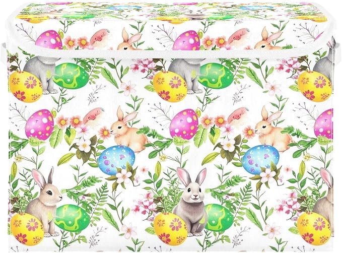 senya Easter Storage Baskets Collapsible Storage Bins with Lids, Easter Bunny Eggs in Grass Flowers Storage Boxes Clothes Baskets for Organizing