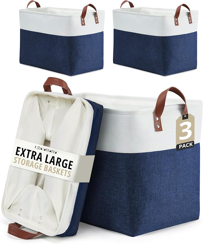 DECOMOMO Fabric Storage Bins, Extra Large Storage Baskets with Handles | 3 Pack Storage Baskets for Shelves, Laundry, Toys, Nursery (Navy Blue & White)