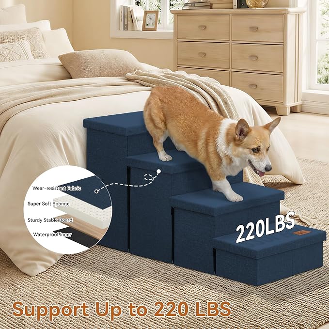 Zerbuger Dog Stairs with Storage, Navy Blue 4 Steps Dog Ramp no Condo | 23" H Wider Dog Steps for High Beds Couch, Folding Storage Pet Stairs Gift for Climbing Small/Medium/Large Old Dogs Cats