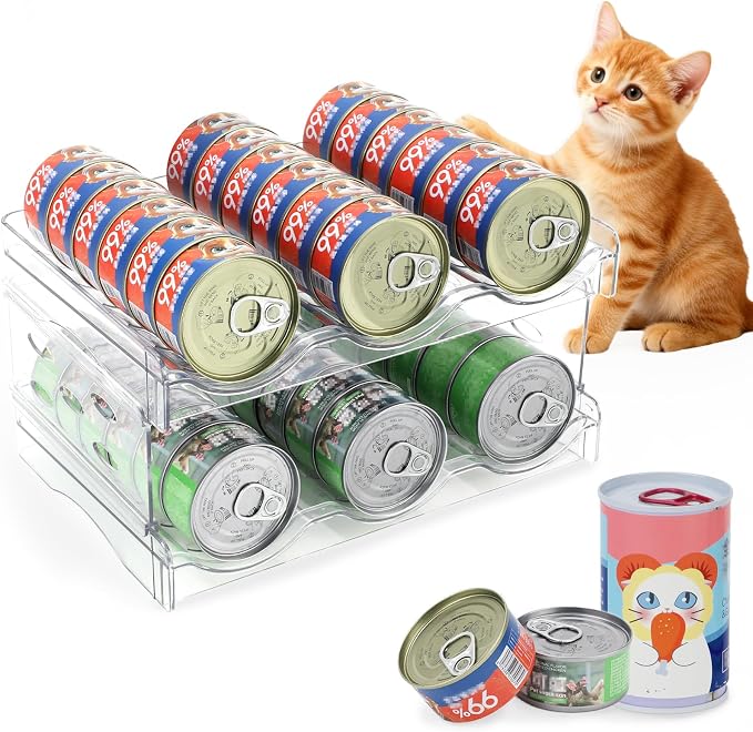 FHTONGE 3-Tier Heavy-Duty Transparent Cat Can Organizer for Multiple Sizes | Wet Cat Food Storage Rack for Pantry Kitchen Cabinet Rridge, Pet Canned Goods Dispenser Shelf Dog Tins Holder Container