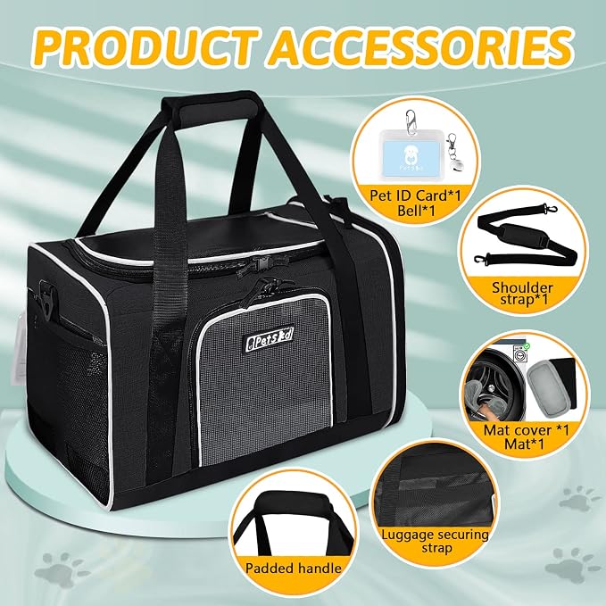 Small Pet Carrier 18" L x 11" W x 11" H Airline Approved, Black | for Delta/American/United Airlines, Lockable Safety Zippers and Anti-Scratch Mesh, Pets Under 10 lbs