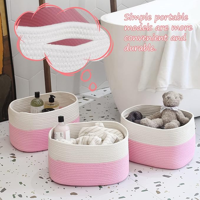 ECDYQXVU 15x10x9 Inch Woven Cotton Rope Storage Basket, 1 Pack | Foldable Design, Built-in Handles, Space-saving Organizer for Living Room, Bedroom, Laundry, Shelves, Clothes, Towels