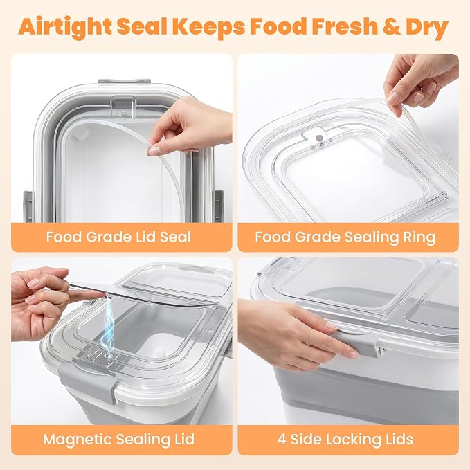 2 Pack 25 Lbs Dog Food Storage Container, Collapsible Rice Container | Airtight Cat Food Container with Wheels, Transparent Lid, Measuring Cup, Scoop and Handle, BPA Free for Pet Food, Bird Seed