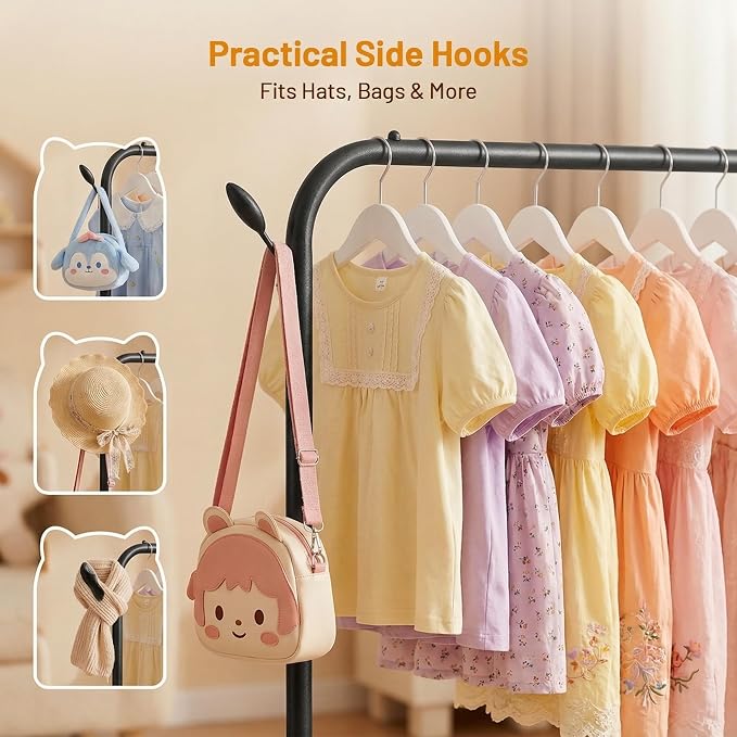 Kids Clothes Rack for Ages 3-6, Montessori Kids Clothing Rack, Black | Kids Dress up Rack with 2 Fabric Storage Shelves & Hooks, Toddler Dress Up Rack for Costumes, Princess Dresses and Shoes