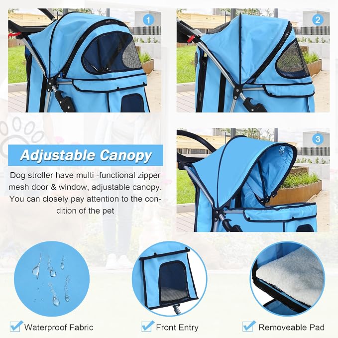 BLKMTY Folding Dog Stroller, 3 Wheels Pet Stroller, Foldable Cat Strollers Waterproof Travel Carrier Strolling Cart for Puppy Jogger with Cup Holder & Storage Basket, Blue