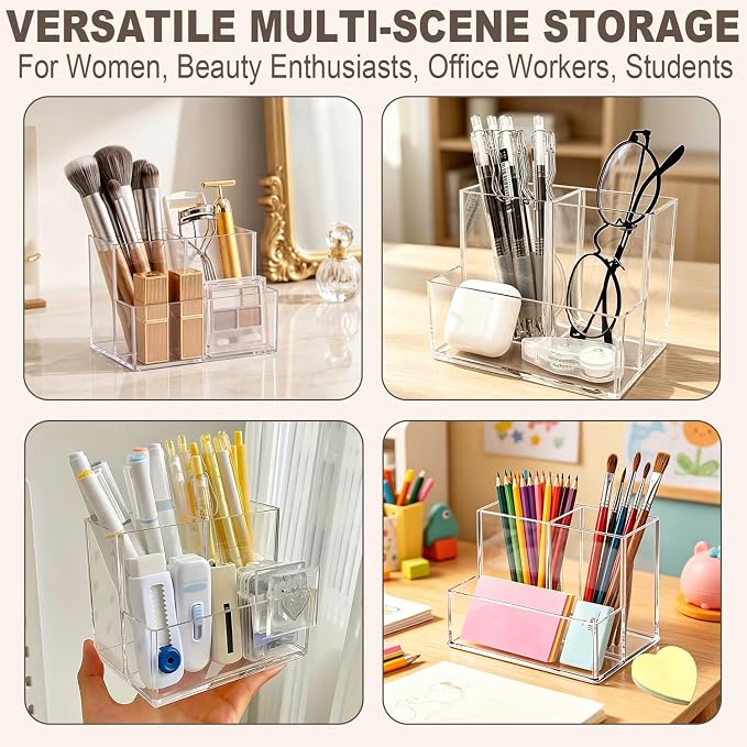 Clear PET Makeup Organizer, Lipstick Brush Holder for Bathroom Cabinet- Transparent Medicine Cabinet Organizer Multi Compartment Storage Box Holder for Countertop, Home Office Classroom