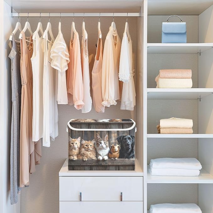 Dog Cats Fence Large Storage Bins with Linen Foldable Storage Cubes Fabric Closet Organizer Containers box with Flip-Top Lid for Home Office Closet 16.5” x 12.6” x 11.8”