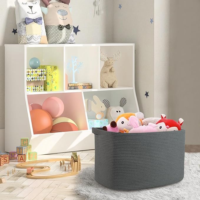 Extra Large Rope Basket, 23.6" x 17" x 12" Rectangle Wicker Baby Laundry Basket, Kids Toy Storage Baskets, Woven Basket for Blankets Clothes Pillows, Laundry Room Organization, Dark Grey