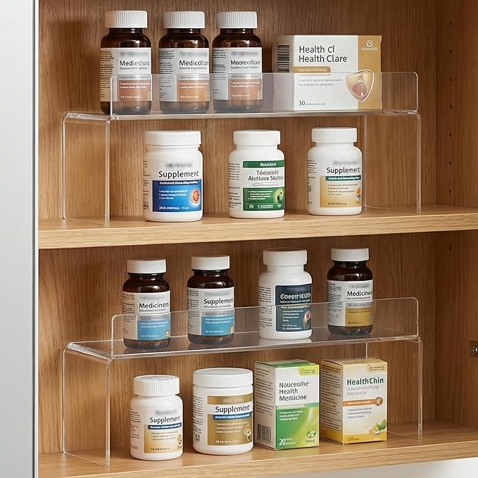 2 Pack Medicine Cabinet Organizer, Acrylic Medicine Storage Organizer, Narrow Medicine Cabinet Shelf for Bathroom Vanity Sink, Clear