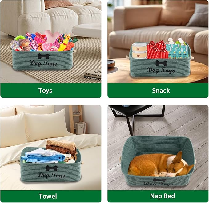 Dog Toy Basket-100% Cotton Rope Dog Toy Bin for Living Room Area-Trapezoid Pet Toys Box with Sturdy Handle-Puppy Bed-Dog Stuff Organizer for Pet Toys,Collar,Leash,Blanket-Chew Proof -Green