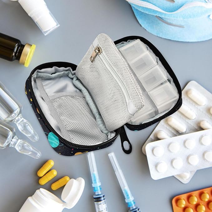 Fustylead Galaxy Constellation Universe Cartoon Flat Pill Organizer and Storage Weekly with Zipper, Removable Pill Box Portable Medicine Organizer for Vitamin Fish Oil Supplement