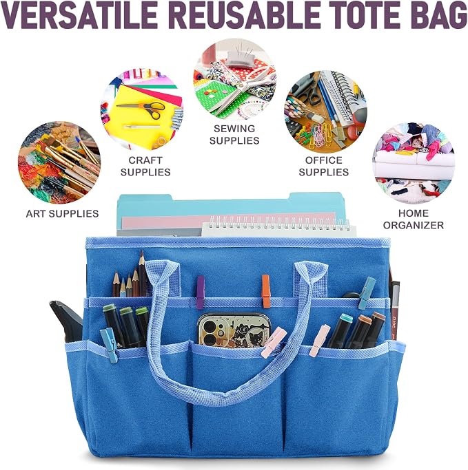 Cupohus Craft Organizer Bag, Blue Art Supply Tote with Multiple Pockets | Portable Storage Tote for Scrapbooking, Journal, Sewing, Oxford Fabric Carrying Caddy for Teacher, Officer, Artist