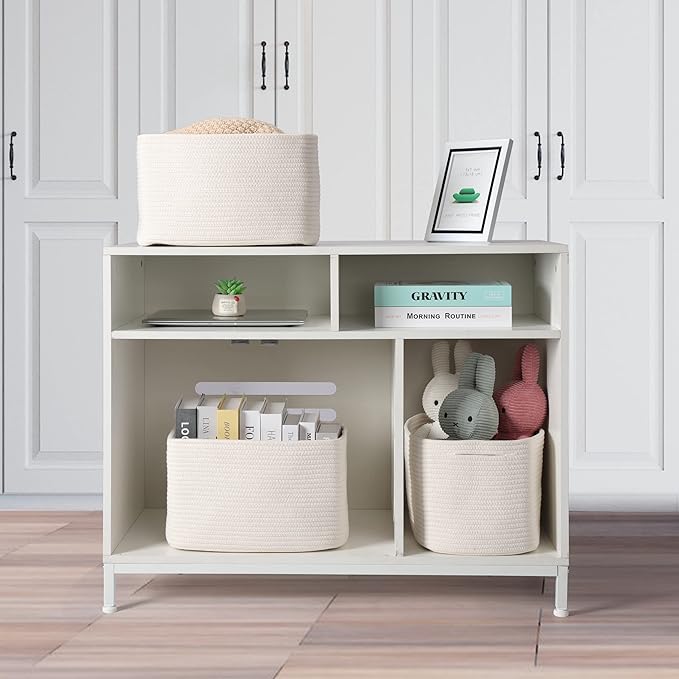 XUANGUO Woven Cotton Rope Storage Baskets 15x10x9.3" 3 Pack White | Decorative rectangular storage baskets for shelves and closets; storage bins organize clothes, toys, books and nursery items.