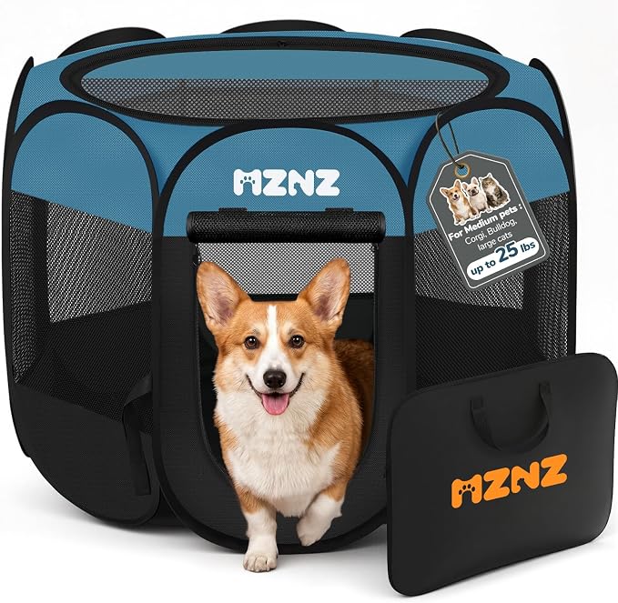 Dog Cat Small Animal Puppy Playpen Crate, Medium, Blue Black | Portable Pop Up Pet Cage Enclosure Tent Kennel Indoor Outdoor with Carrying Case, No Assembly, Camping Use