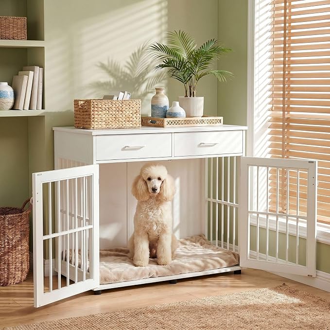 VOWNER 43.3" Large Dog Crate Furniture with 2 Drawers, White | Wooden Dog Kennel Furniture End Table with 3 Doors, XL Dog Kennel Indoor with Storage, Dog Cage TV Stand for Large Medium Dog