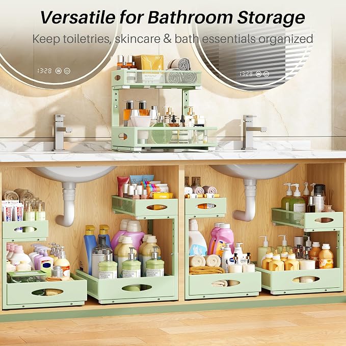 Under Sink Organizer, 2-Pack Pull Out Cabinet Organizer 2 Tier Metal Slide Out Storage Shelf Rack, L-Shaped Adjustable Height,Mesh Sliding Drawer for Kitchen, Bathroom, Laundry, Pantry, Green, XL