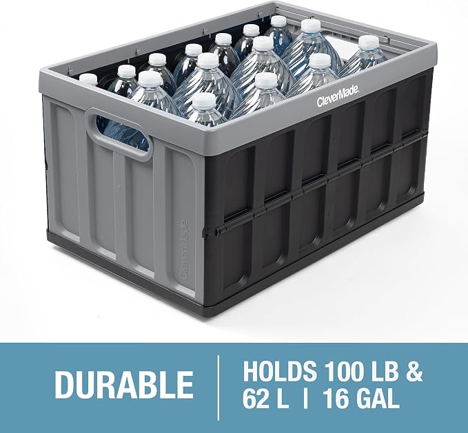 CleverMade Collapsible Storage Bins (with Lids), 62L, 3 Pack - Ocean | Store Bigger Loads Under a Secure Lid | Each Bin Holds 100 lb, Stacks Neatly, and Folds to 2.5 Inches When Empty