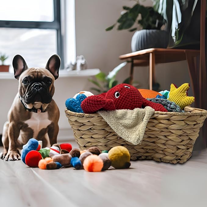 OtterPets Dog Toy Basket, Hyacinth Bone Shaped Dog Toy Bin, 17x13” | Handmade dog toy box, dog toy storage, dog basket, basket for dog toys, dog storage, 17 x 13 in, natural water hyacinth