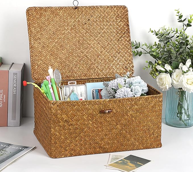 Hipiwe Wicker Shelf Baskets Bin with Lid Handwoven Storage Basket, X-Large | Rectangular Basekts Bins Natural Seagrass Household Basket Boxes for Shelf Wardrobe Home Organizer, Caramel