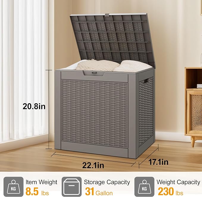 31 Gallon Outdoor Storage Box Waterproof Deck Box for Patio | Gray, Resin, Small, Weatherproof, Lockable, Compact, Easy Assembly, Patio Pool Garden Accessories Storage, Organization