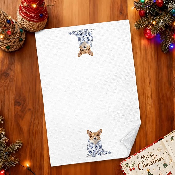 Blue Chinoiserie Corgi Kitchen Towels 16x24 in, Corgi Lovers Gifts, Grandmillennial Floral Blanket Dog Decorative Hand Tea Dish Towels for Bathroom Kitchen