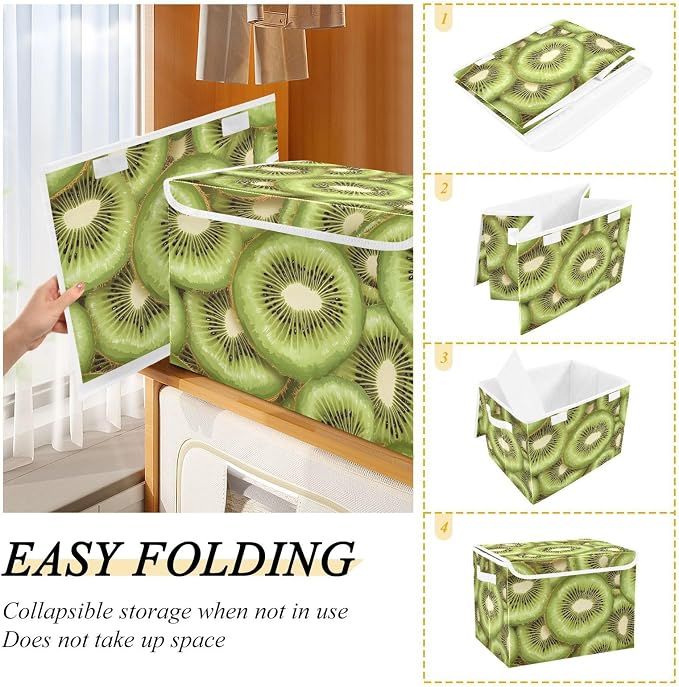 Fabric Storage Bins with Lid Fresh Kiwi Slice Closet Storage Basket 40L | Decorative Storage Boxes, Dust-Proof Flip Top, Reinforced Handles, For Home & Bedroom, Clothes & Toy Box, Oxford Fabric Print