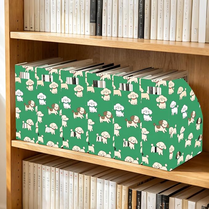 SPRIPORT Cute Pet Dogs Green Print Water Resistant PP Magazine File Holder Organizer for Desk, Foldable Storage Rack for Office School Library Document Sorter with Labels 23x30x10cm (3 Pack)