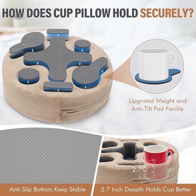 INNO STAGE Couch Cup Holder Pillow | Sofa Caddy Buddy Cupholder Organizer, for Bed Rv Tv Car Man Cave Remote Snacks Drink, Gift for Couch Potato, Light Brown