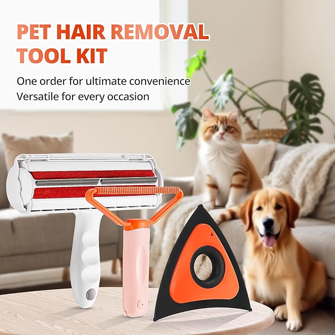 Pet Hair Removal Tool Kit,Cat and Dog Hair Remover for Couch Furniture Carpet Fur Lint with Reusable lint Roller Car Brush and Small Carpet Rake Scraper