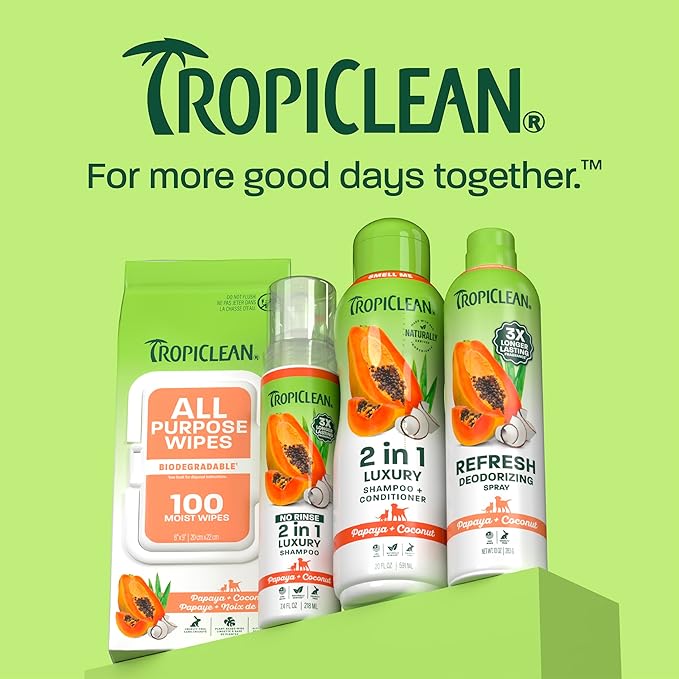 TropiClean 2-in-1 Dog Shampoo and Conditioner, Long Lasting Papaya Scent, Moisturizing Dog Detangler, Puppy & Kitten Safe, Made in the USA, 20oz.
