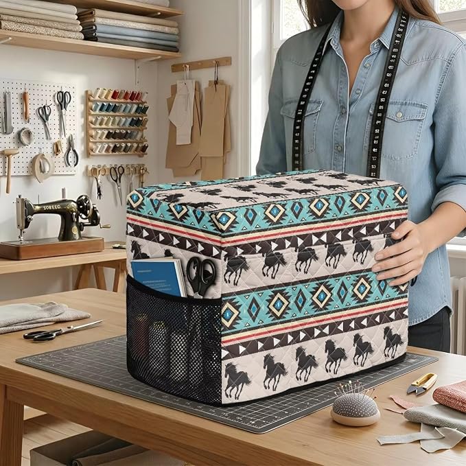 Sewing Machine Cover Polyester Febric Native American Horse Print | Dust Pet Hair Protection,Quilting Design,Fits Standard Singer,Brother Janome Machines,Protecting Decorating Your Sewing Space