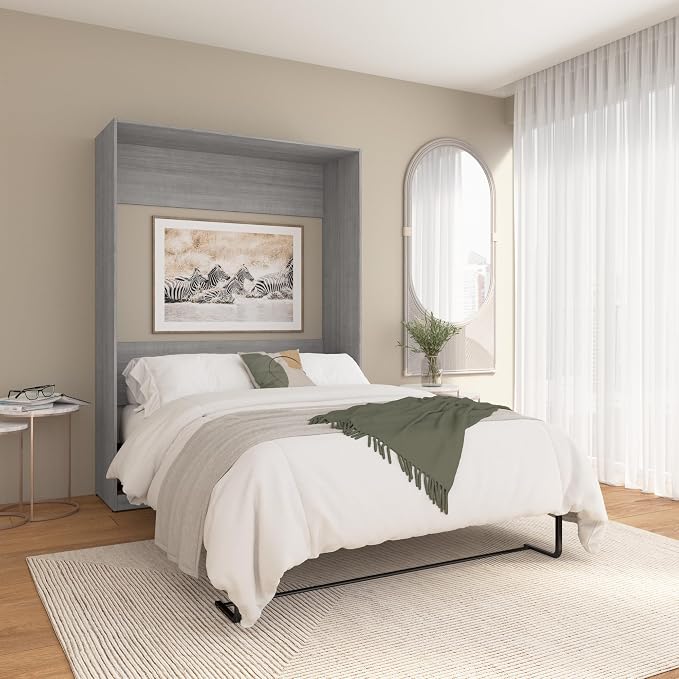 Bestar Full Murphy Bed, Platinum Gray, Claremont, 59W | Dual piston mechanism; for guest room or multipurpose space