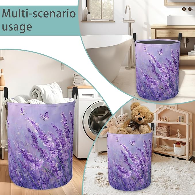 Purple Lavender Round Laundry Basket Collapsible Laundry Hamper with Handles Toys Clothes Organizer Bin For Home Bathroom Bedroom Dorm Nursery