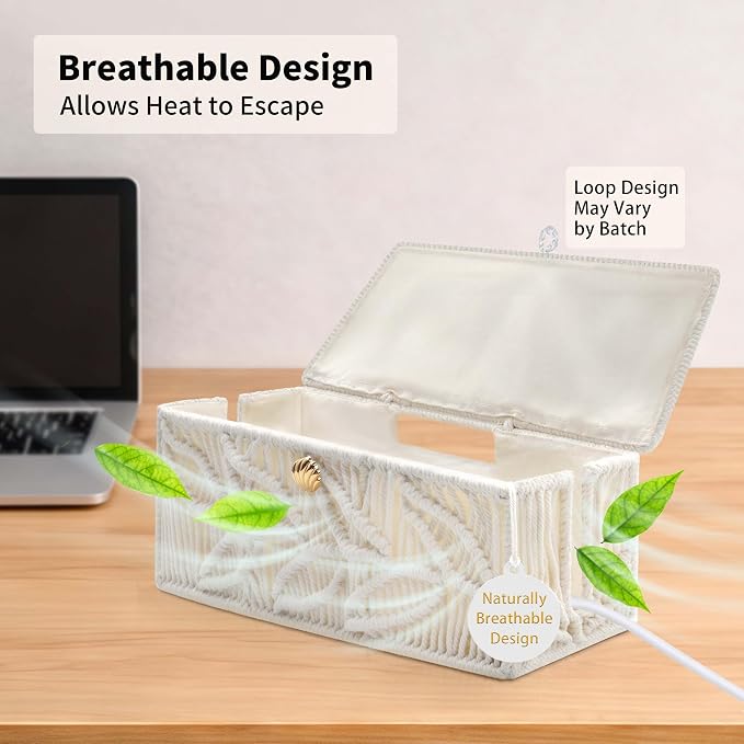 Cotton Rope Cable Management Box: 13" Handwoven Cord Organizer | Breathable Design, Natural Boho Design, Pet & Baby Safe, Cable Cover & Hider, Power Strip Storage, TV Wire Organizer